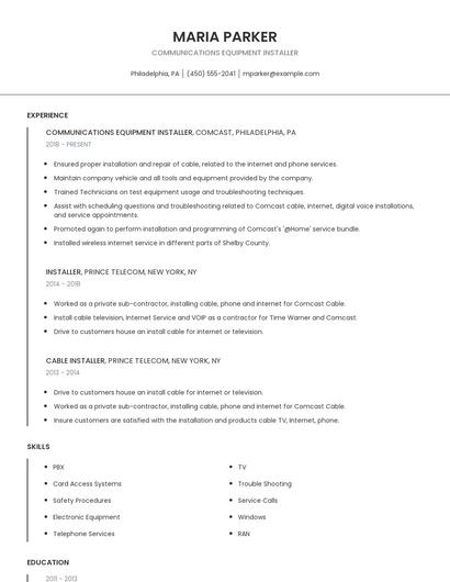 Communications Equipment Installer Resume