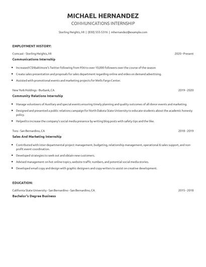 Communications Internship Resume