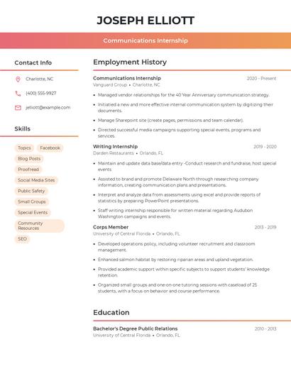 Communications Internship Resume