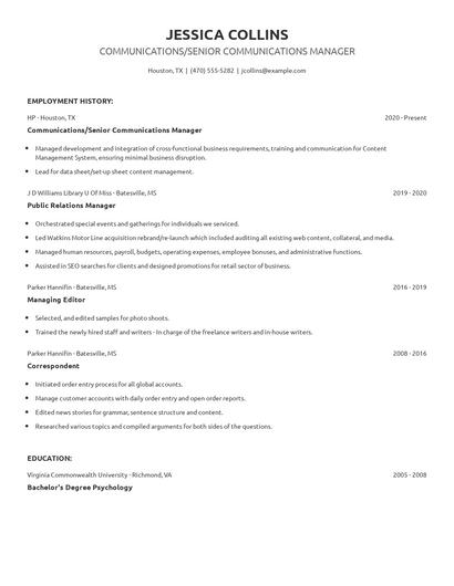 Communications/Senior Communications Manager Resume