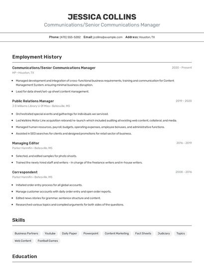 Communications/Senior Communications Manager Resume