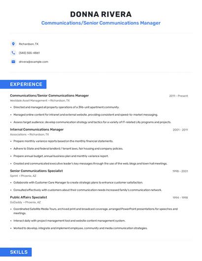 Communications/Senior Communications Manager Resume