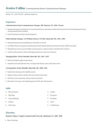 Communications/Senior Communications Manager Resume