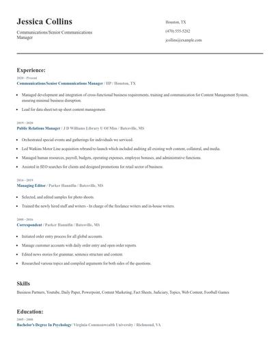 Communications/Senior Communications Manager Resume