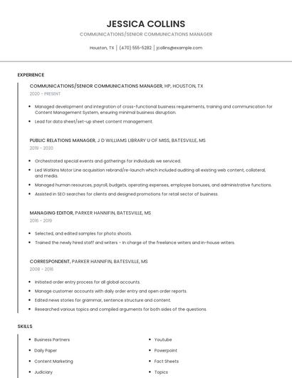 Communications/Senior Communications Manager Resume