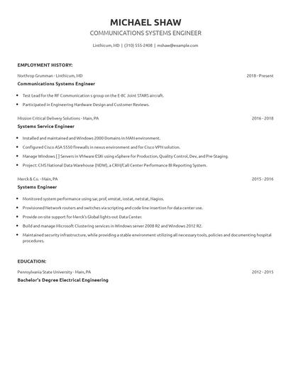 Communications Systems Engineer Resume