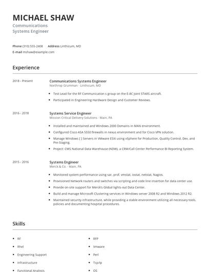 Communications Systems Engineer Resume