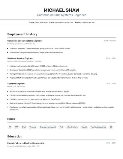 Communications Systems Engineer Resume