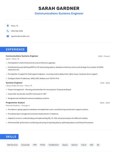 Communications Systems Engineer Resume