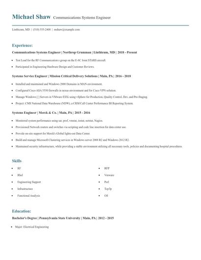 Communications Systems Engineer Resume