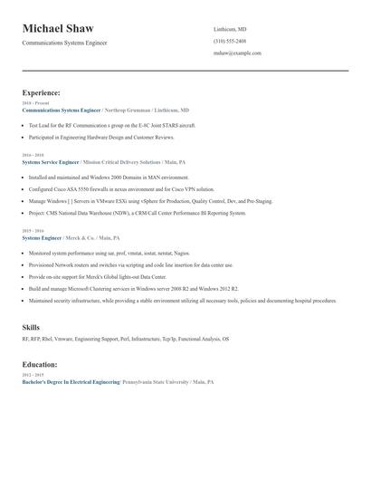 Communications Systems Engineer Resume