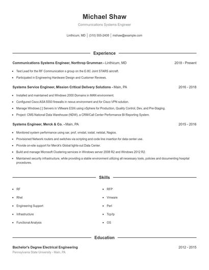Communications Systems Engineer Resume