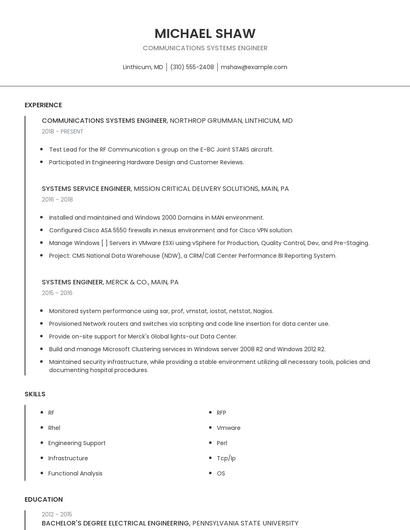 Communications Systems Engineer Resume