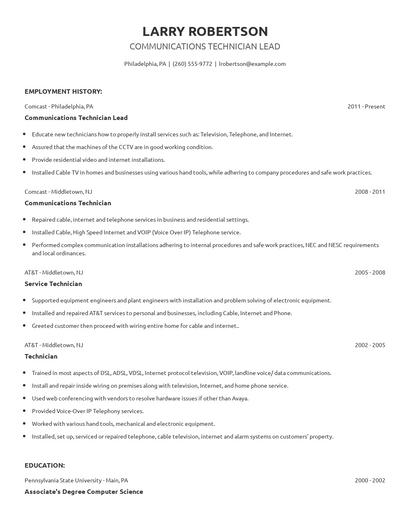 Communications Technician Lead Resume