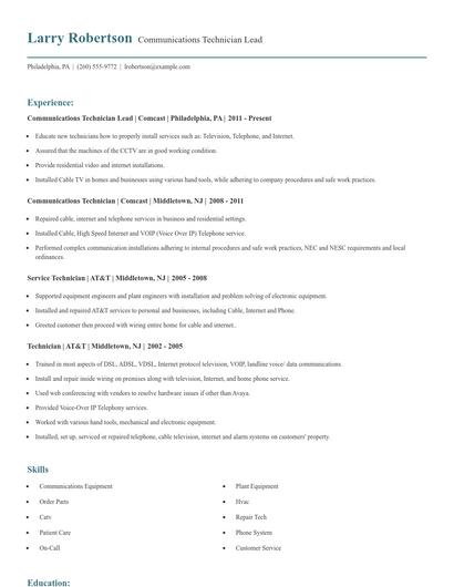 Communications Technician Lead Resume