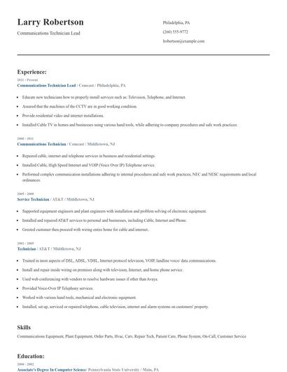Communications Technician Lead Resume