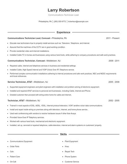 Communications Technician Lead Resume