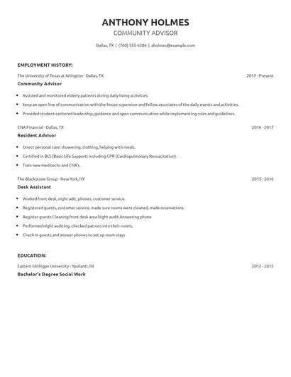 Community Advisor Resume