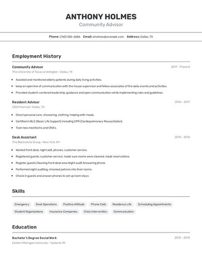 Community Advisor Resume