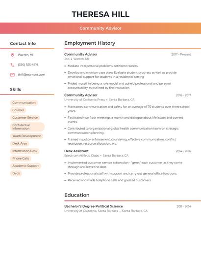 Community Advisor Resume