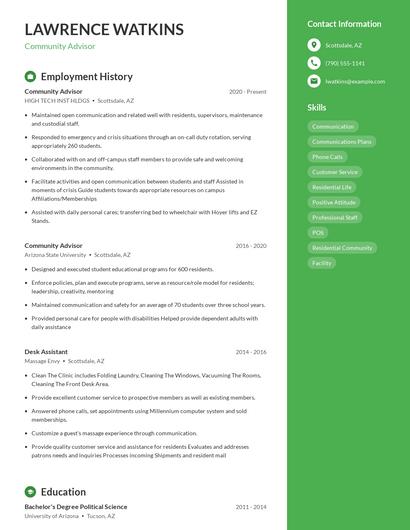 Community Advisor Resume