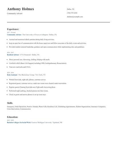 Community Advisor Resume