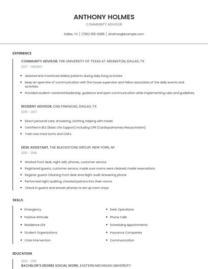 Community Advisor Resume