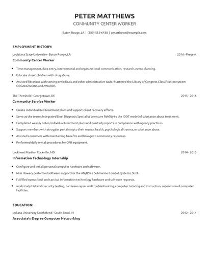 Community Center Worker Resume