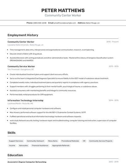 Community Center Worker Resume