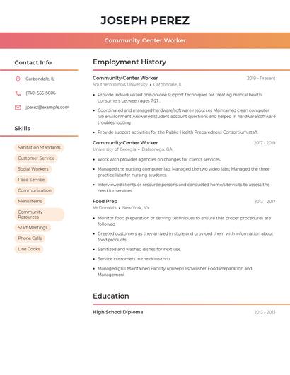 Community Center Worker Resume