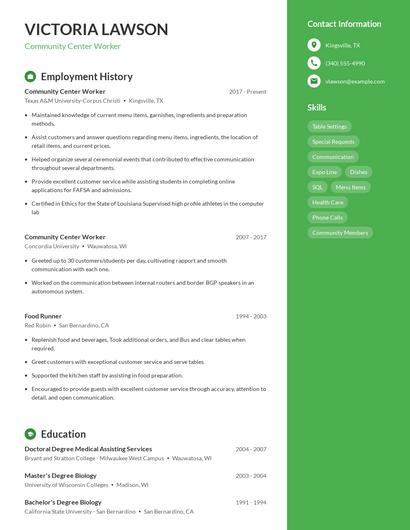 Community Center Worker Resume