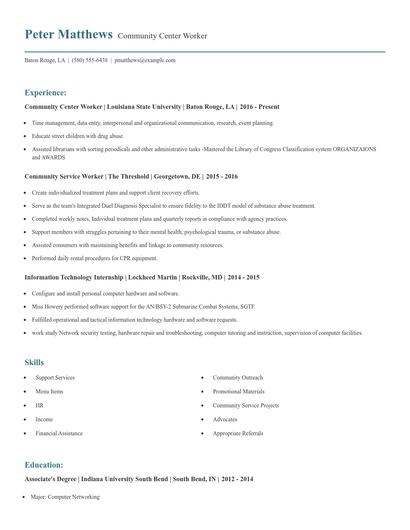 Community Center Worker Resume
