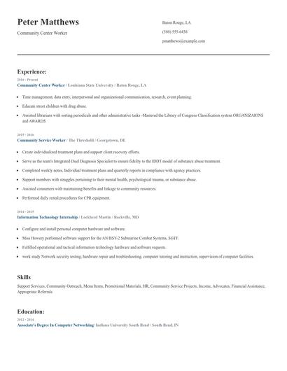 Community Center Worker Resume