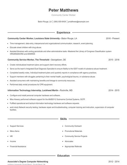 Community Center Worker Resume