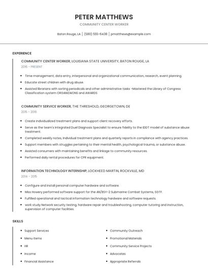 Community Center Worker Resume