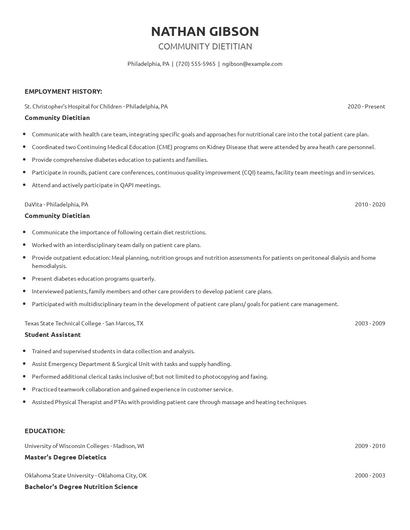 Community Dietitian Resume