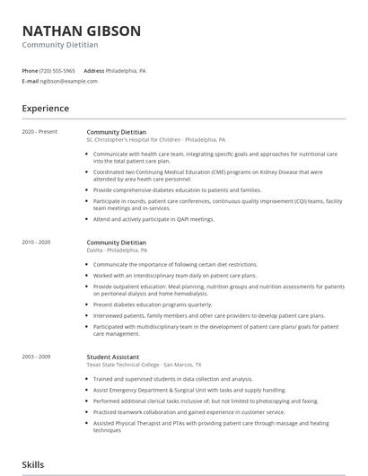 Community Dietitian Resume