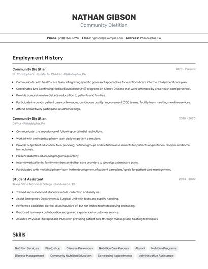 Community Dietitian Resume