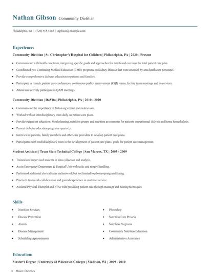 Community Dietitian Resume