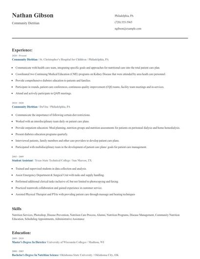 Community Dietitian Resume