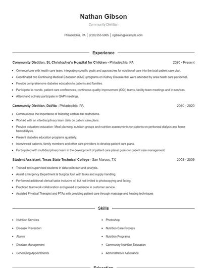 Community Dietitian Resume
