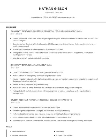 Community Dietitian Resume