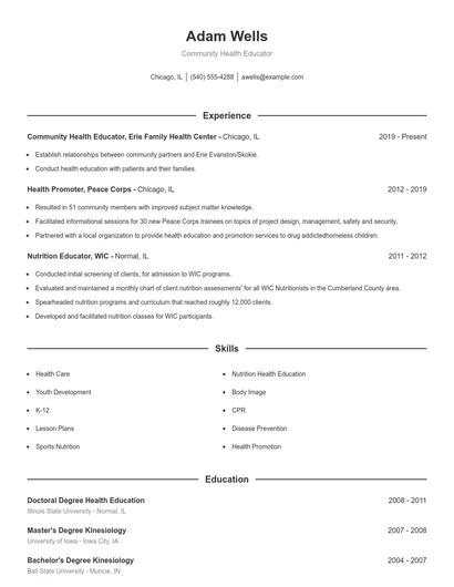 Community Health Educator Resume