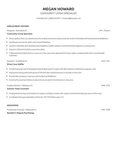 Community Living Specialist Resume