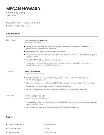 Community Living Specialist Resume