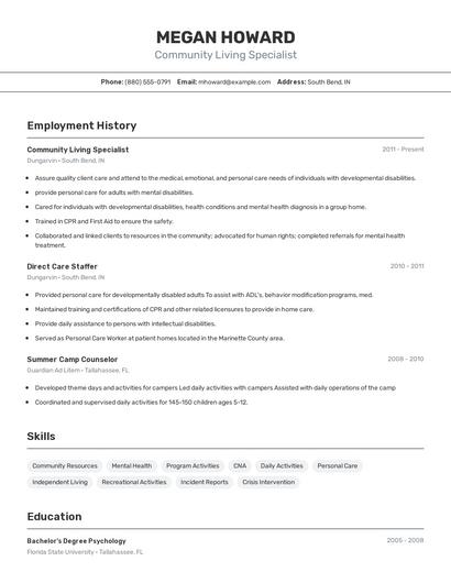 Community Living Specialist Resume