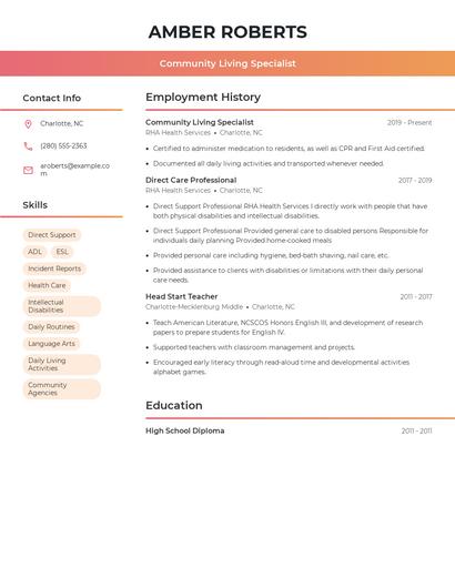 Community Living Specialist Resume