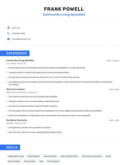 Community Living Specialist Resume