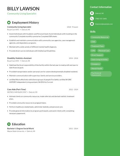 Community Living Specialist Resume