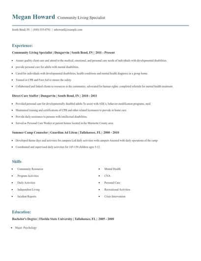 Community Living Specialist Resume